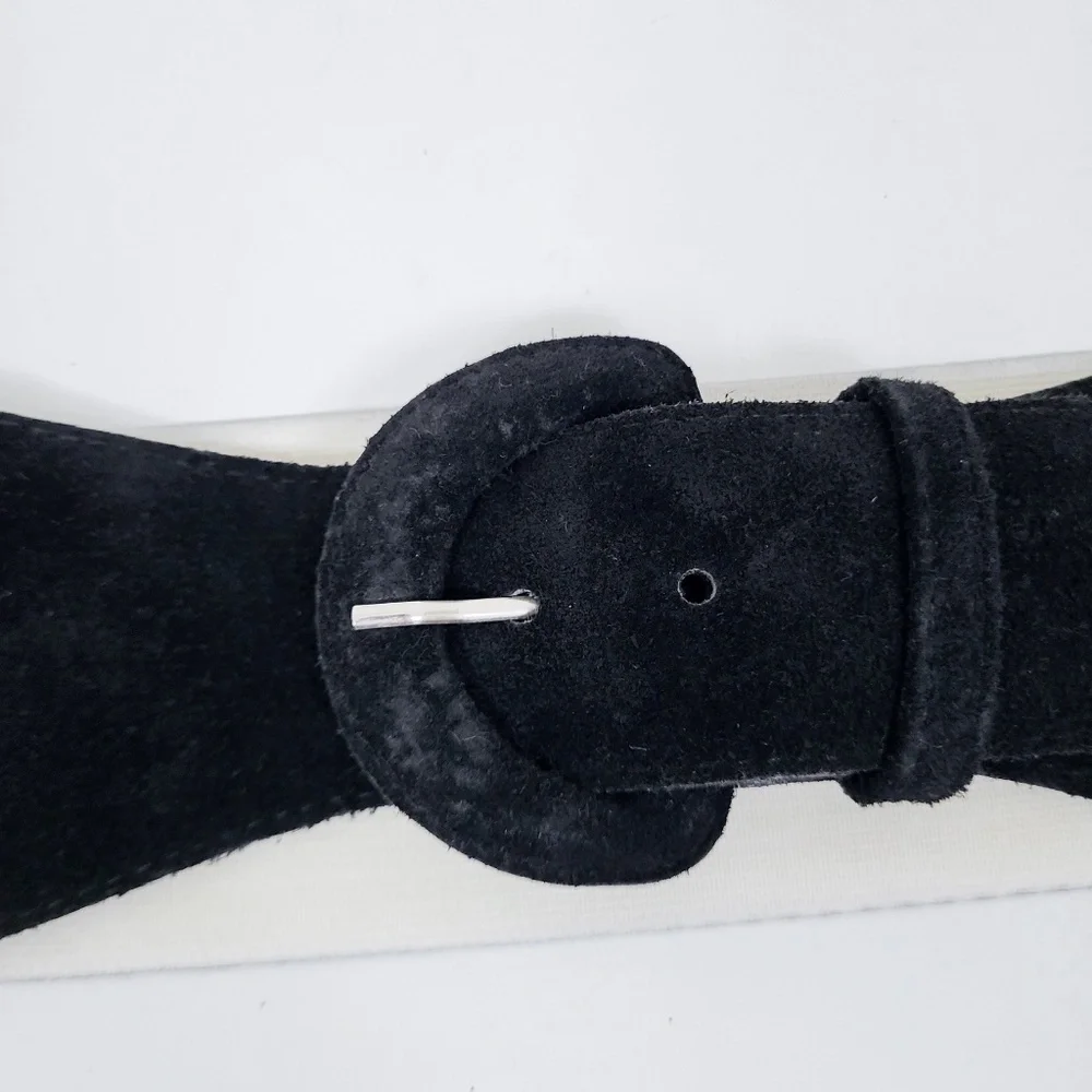90s Houndstooth Belt Wide Buckle Thick Suede Black White - Picture 9 of 12
